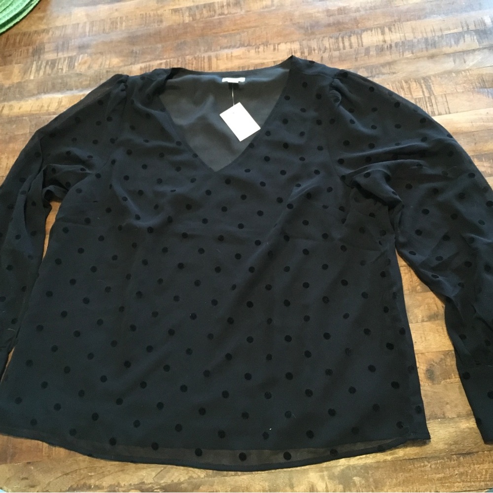 J. Crew Black V-Neck Blouse with Textured Sleeves